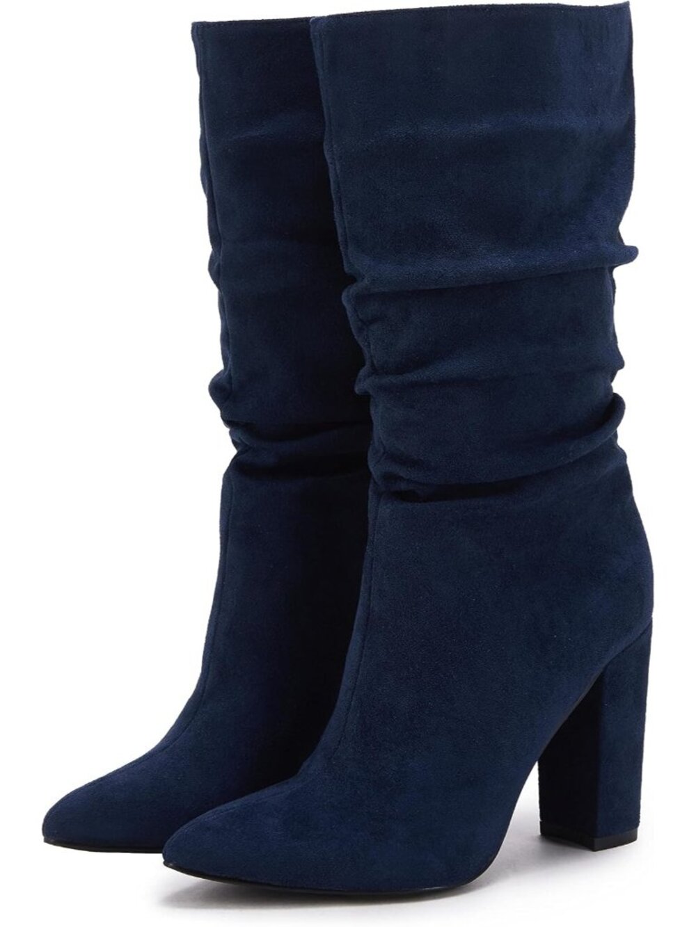 Women's Navy Winter Slouchy High Heel Chunky Block Pointed Toe Mid Calf Boots